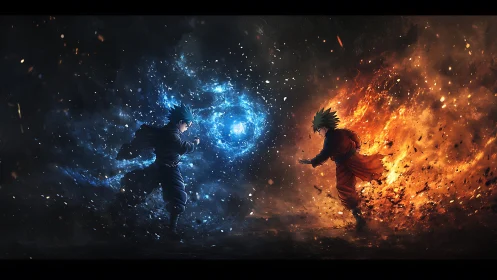Opposing energy warriors in blue and orange elemental clash.