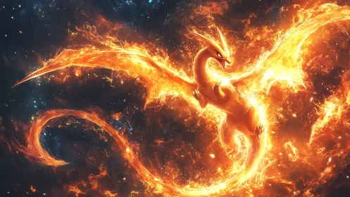 Fiery dragon arcs through cosmic inferno with blazing wings.