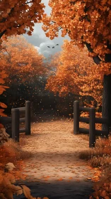 Autumn forest path with wooden fence and falling leaves.