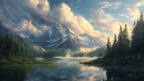 Snowcapped alpine peaks above reflective pine forest lake.