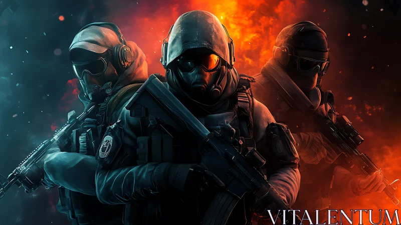 Tactical strike team framed against dual-color inferno backdrop