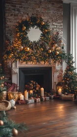 Rustic brick fireplace with warm golden Christmas garlands and candles