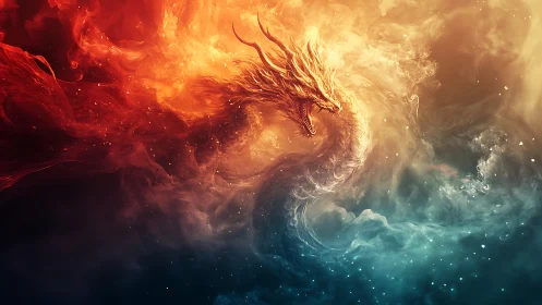 Infernal aurora dragon emerging through split firestorm.