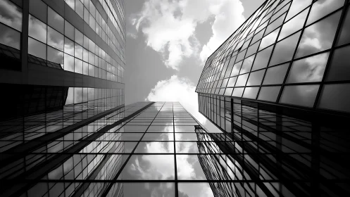 Skyward reflections between quiet glass city towers.