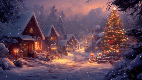 Snowy village street shows decorated houses and lit tree