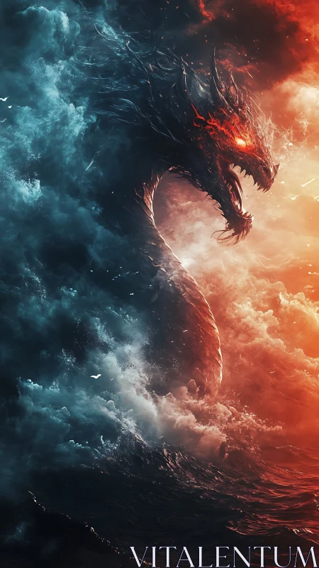 Bilateral elemental sea serpent emerging from turbulent clouds.