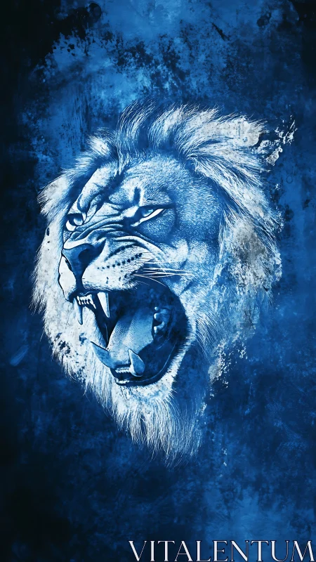 Roaring blue lion head on bold textured dark backdrop.
