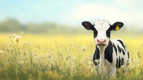 Gentle holstein calf daydreams in a hazy wildflower meadow.
