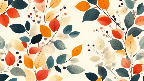 Autumn botanical pattern with stylized multicolor foliage design.