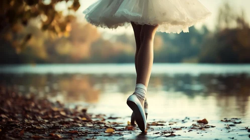 Ballet dancer legs on wet shore with autumn foliage around.