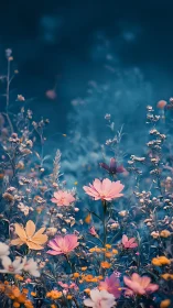 Dreamy Wildflower Field Under Moody Blue Sky