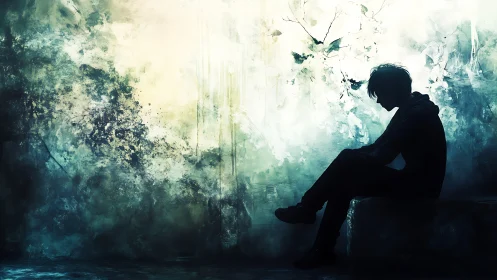 Silhouetted person sits against abstract textured backdrop