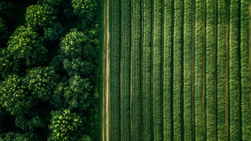 Aerial boundary between dense forest canopy and striped crop field