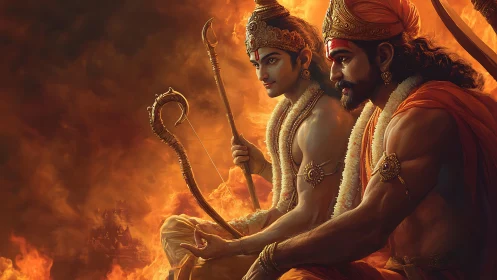 Warrior princes seated with bows amid intense firelight.