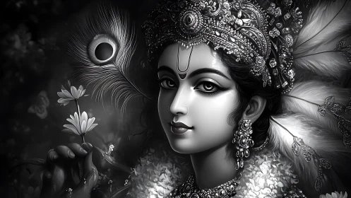 Monochrome divine portrait in ornate digital painting style.