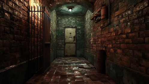 Dim brick corridor with rusted door and prison bars.