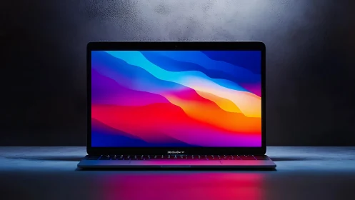 Sleek laptop with vivid gradient display on dark desk.