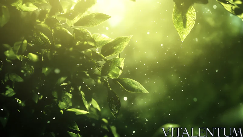 Luminous green foliage bathed in radiant backlit bokeh glow.