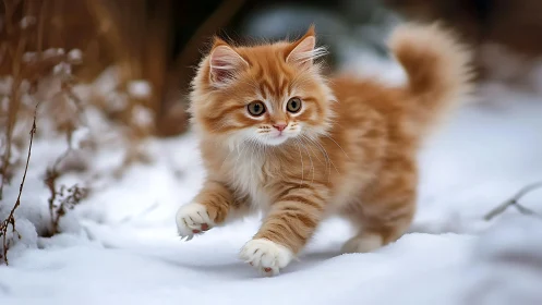 Ginger Kitten Walking Through Snow. Winter Portrait.