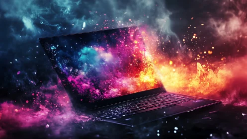 Laptop explodes into vibrant cosmic nebula of digital color