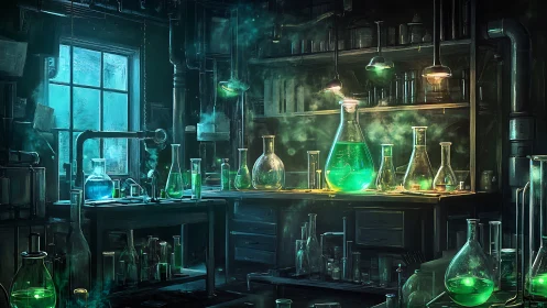 Moody laboratory with glowing green chemical flasks.
