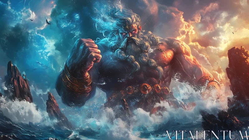 Mythic sea titan emerging among storm waves and cliffs.