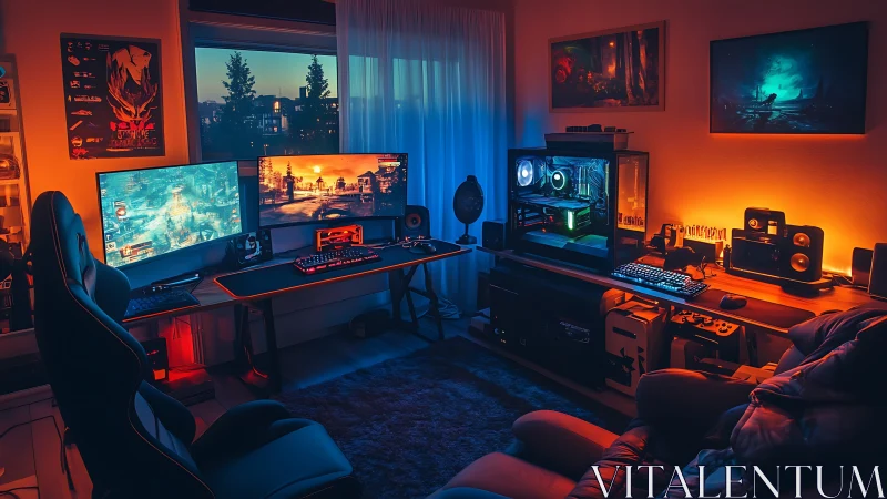 Immersive dual-monitor gaming battlestation glows at dusk.