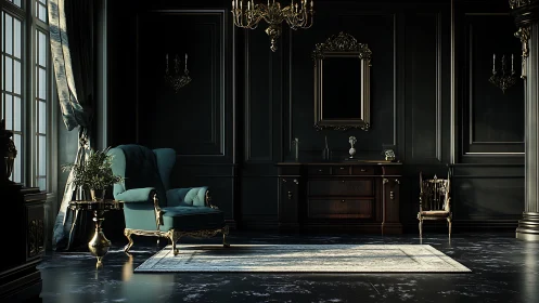 Dark neoclassical salon with teal armchair and gilded decor.