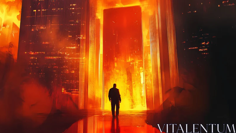 Silhouette Confronts Inferno: Lone Explorer Faces Blazing Portal