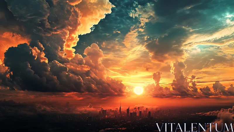 Fiery sunset engulfs a futuristic city beneath towering clouds