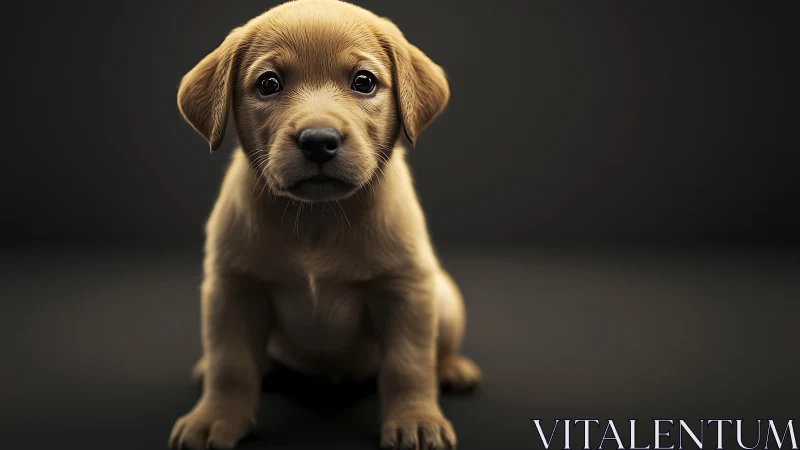 Photorealistic studio portrait of golden puppy on dark backdrop.