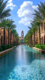 Symmetrical palm court canal with central clocktower under sky