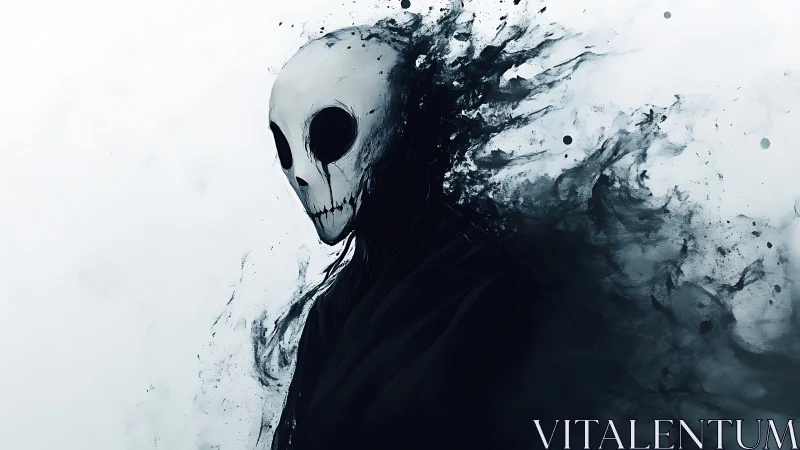 Gentle skull spirit drifting through soft inky shadows.