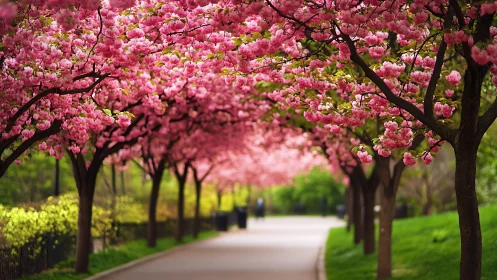 Blossom tunnel of cherry trees bathing a spring path in pink.