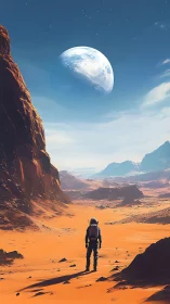 Solitary astronaut crosses a vast alien desert beneath Earth.