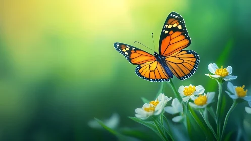 Monarch drifts like sunrise over dew-bright garden blooms