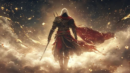 Hooded warrior strides through burning storm clouds.