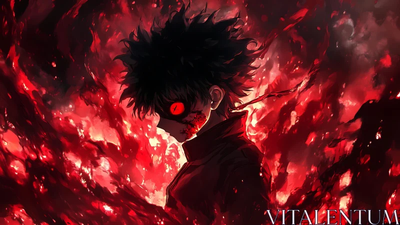 Crimson embers orbit a haunted-eyed rebel in molten shadow