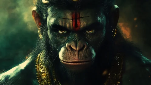Mythic warrior ape stares forward under dramatic lighting