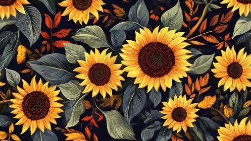Sunflower Field Pattern with Autumn Foliage on Dark Background.