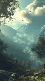 Mountain mist pours through a sunlit valley of waking green