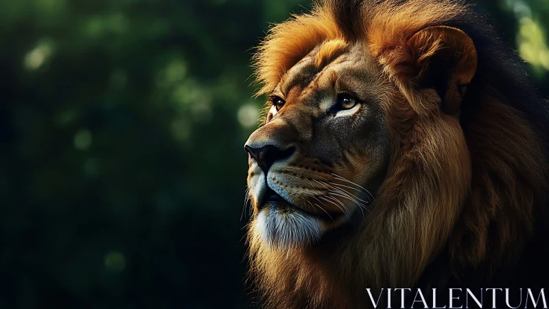 Male lion profile in soft forest light, detailed portrait.