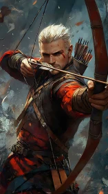 Battle-hardened archer with drawn bow in dynamic combat pose.