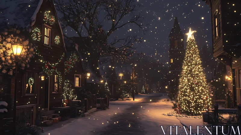 Snowy village street glows under towering Christmas tree lights