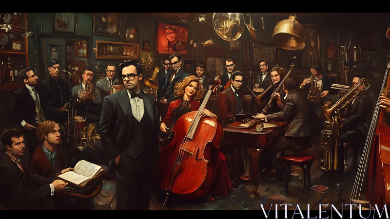 Warm jazz ensemble gathered in a cozy vintage parlor.