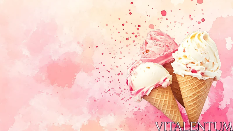 Strawberry vanilla ice cream cones over watercolor splash