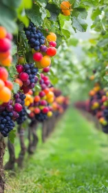 Photorealistic vineyard rows with multicolored grape clusters.