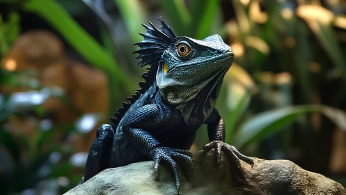 Emerald jungle lizard poised like a tiny crownless dragon.