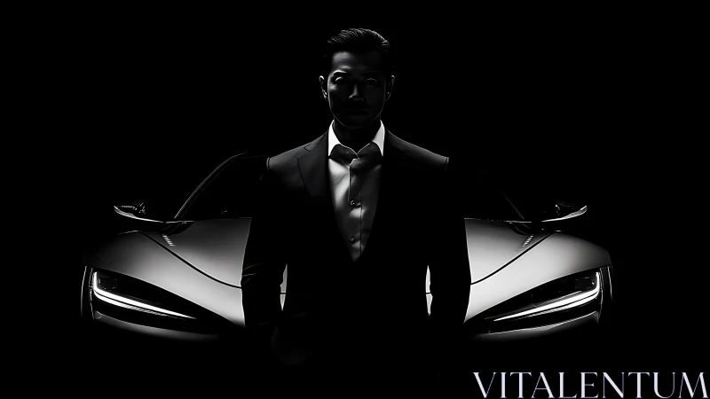 Man in suit silhouetted before luxury sports car front.
