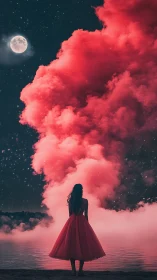 Woman in red dress under moon and vivid pink clouds.